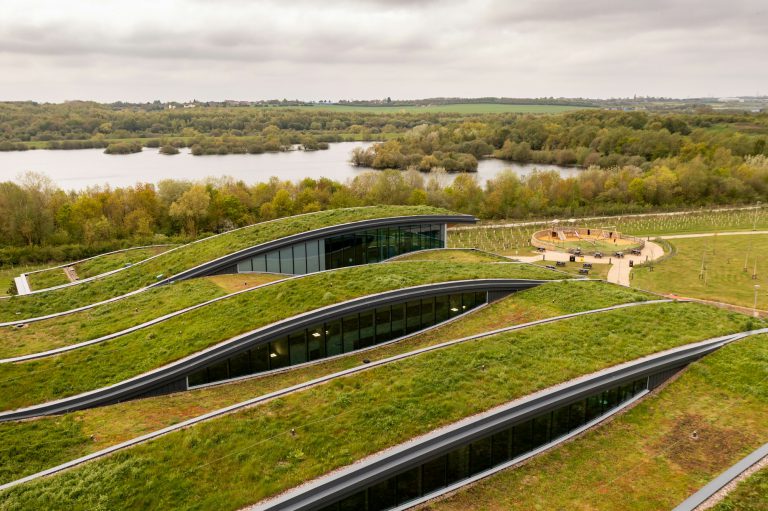 An extensive wildflower green roof on a carbon neutral building