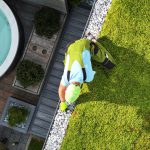 Landscaper Finishing Green Roof Installation. Perennial Succulents